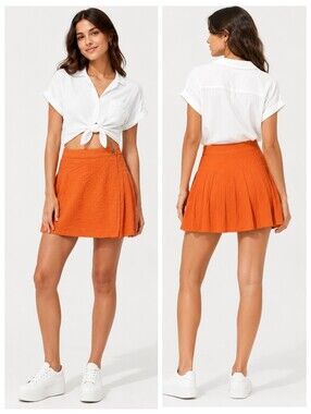 URBAN OUTFITTERS Orange Seersucker Wrap Pleated Mini Skirt – Coastal Preppy